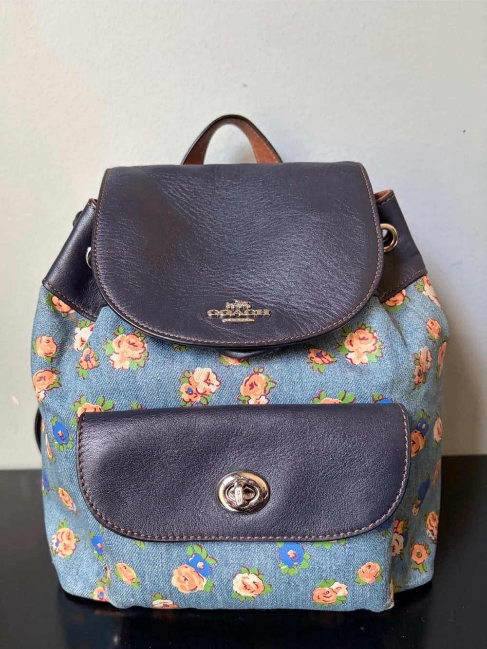 COACH Mini Billie Backpack Denim Vintage Rose Floral/ Blue/ Brown Leather Purse